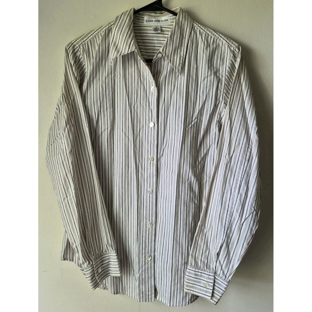 A Line Anne Klein Long-sleeve Button-down Vertical Stripe Shirt Black/White Sz 8
